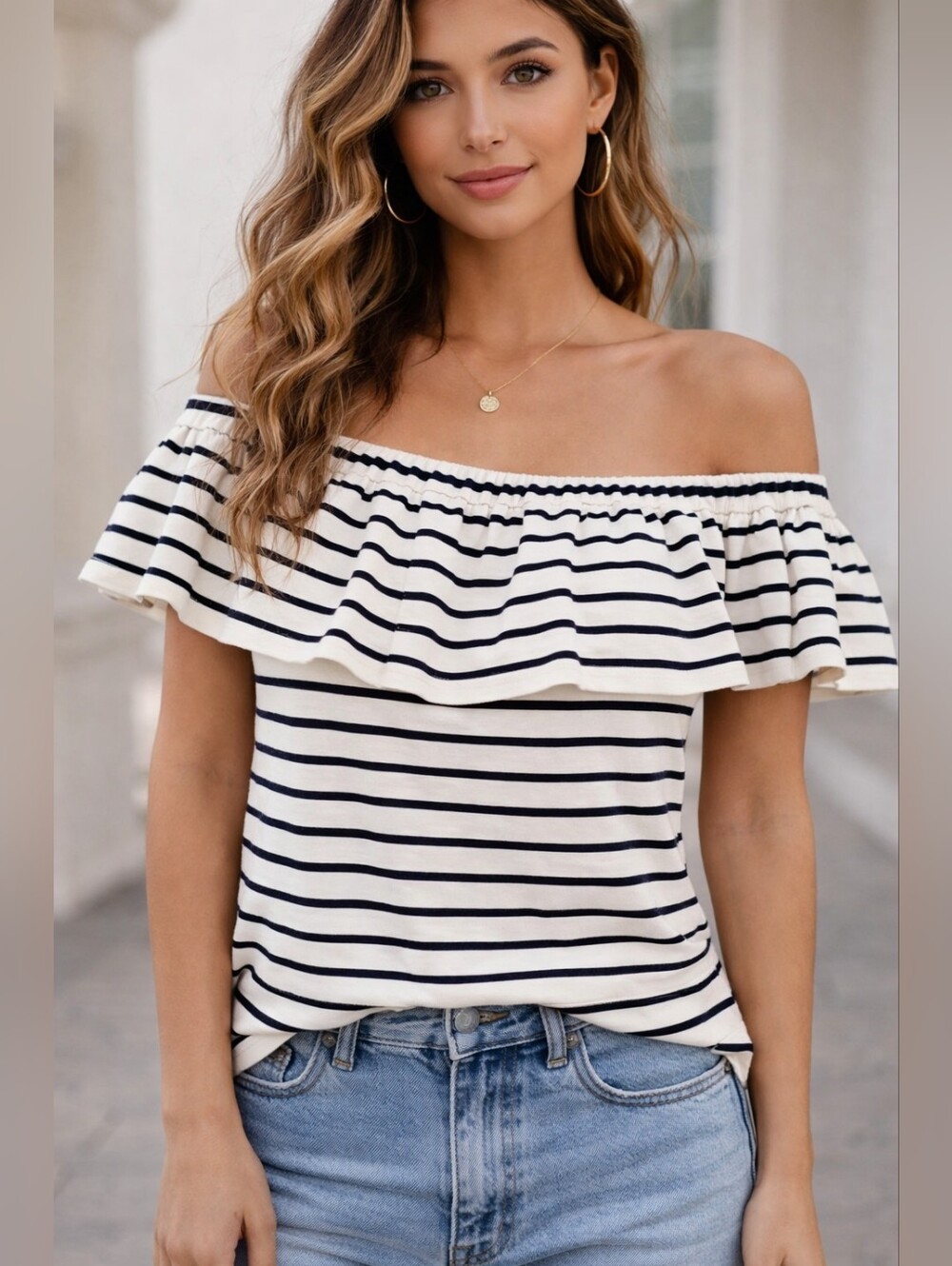 J.Crew Women's Top Off Shoulders Striped Rushed Ruffle Neckline Stretch Small